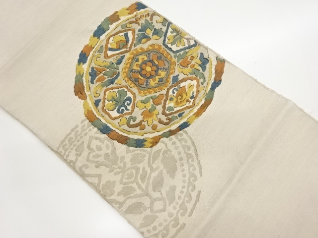 手織り紬華紋・花唐草模様織出し名古屋帯